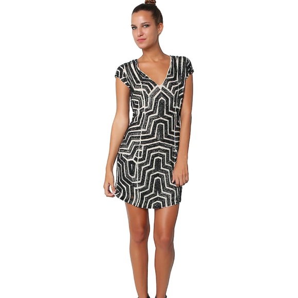 Parker Sequin Cocktail Party Dress, Nude with Black beading, Size 2 - Picture 2 of 9